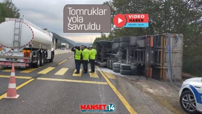 BOLU DAĞINDA TOMRUK YÜKLÜ KAMYON DEVRİLDİ