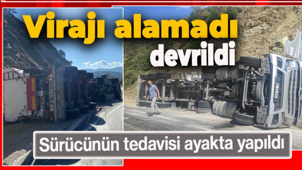 YEM YÜKLÜ TIR VİRAJI ALAMAYINCA DEVRİLDİ