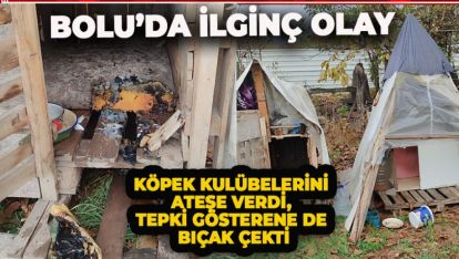 KÖPEK KULÜBELERİNİ ATEŞE VERDİ, TEPKİ GÖSTERENE DE BIÇAK ÇEKTİ