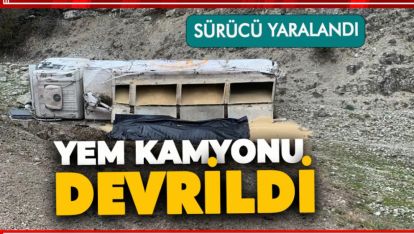 YEM YÜKLÜ KAMYON DEVRİLDİ, SÜRÜCÜSÜ YARALANDI